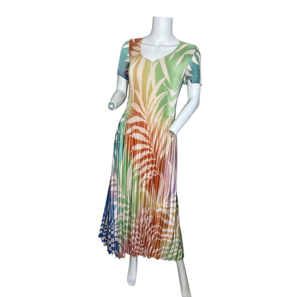 Leo & Ugo Paris Pleated Tropical Leaf Print Midi Dress Size 1 US 6 8 Stretch